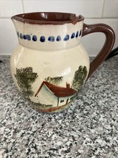 Vintage Torquay Pottery Jug Cottage Front & Slogan Barking Dogs Seldom Bite