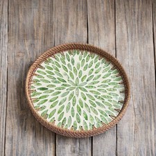 Round Rattan Tray Green Household Wicker Basket Table Decoration Fruit Tray PN