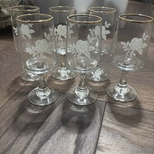 6 VINTAGE DRINKING GLASSES SHERRY WHITE ETCHED FLORAL GILT RIMS SMALL