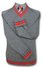 Grey School Uniform Jumper - Fold Back Cuffs - Red Trim At The Neck Cuffs & Welt