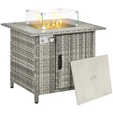 Outdoor PE Rattan Gas Fire Pit Table, Patio Square Propane Heater w/ Rain Cover