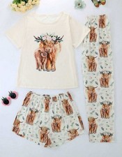 highland COW animal Women Ladies 3 piece Pyjamas PJs Gift Size 8,10,12/14,16 18