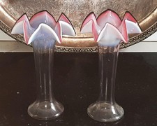 Pair of Art Nouveau Eperne Trumpet Vases with Opaque & Cranberry Ruffles C 1890