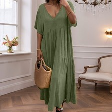 Women Summer Short Sleeve V-Neck Maxi Dress Casual Loose Kaftan Swing Long Dress