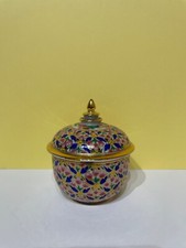 Vintage Thailand gold blue porcelain benjarong hand painted trinket pot dish