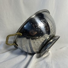 Vintage Large Stainless Steel Footed Colander 11” Brass Handle Country Kitchen