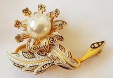 Flower Brooch ~ Damascene & Pearl (Faux) ~ Gold Tone, Silver & Black ~ Vintage