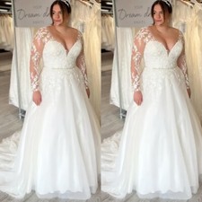 Plus Size Wedding Dresses Beaded Long Sleeves A-Line Deep V-Neck Bridal Gowns
