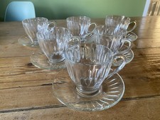Set Of Six Vintage Duralex Gigogne clear glass teacup and saucer set