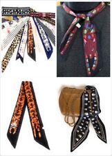 90cm Long Reversible Skinny Scarf Faux Silk Head Scarves Bag Charm Bow Bandana