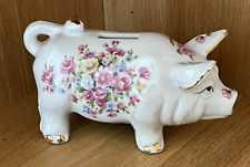 Gorgeous Vintage White Ceramic Gilded Floral Pig Piggy Bank Dainty Flowers Japan