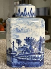 Vintage Delft Style Blue & White Tea Caddy Jar with Lid – 13cm Holland