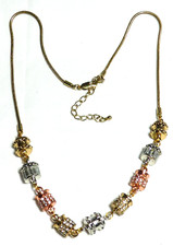 Goldtone Chain & Silver Gold Copper Colour Crystal Studded Barrel Charm NECKLACE