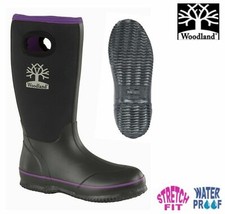 Ladies Wellington Black Purple Neoprene Leg Pull On Welly Boots Size 3 4 5 6 7 8