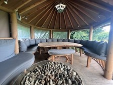 LUXURY WOODEN GARDEN GAZEBO, THATCHED BUILDING, SEATS 16 WITH CUSHIONS COVERS