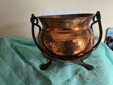 Vintage Hammered Copper  3-Legged Cauldron/cooking pot with metal handle+rivets