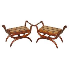 PAIR OF ANTIQUE BROWN LEATHER CHESTERFIELD TUFTED REGENCY FRAMED FOOTSTOOLS