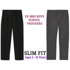 Ex M&S Boys School Trousers Slim Fit Black Grey Adjustable Waist Age 2 - 18 Year