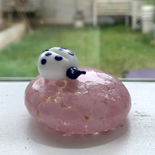 Vintage Ladybird Glass Paperweight, Murano Style Art Glass, Floral Pink Blue 5.5