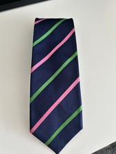 T M Lewin Navy Pink And Green Diagonal Striped 100% Silk Tie