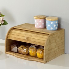 LARGE BREAD BIN BAMBOO WOODEN ROLL TOP BREAD BINS KITCHEN FOOD STORAGE BREAKFAST