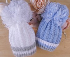 Baby Boy Knitted Pom Pom Hat Beanie Warm White Blue Pretty Cable Pattern 0 6m