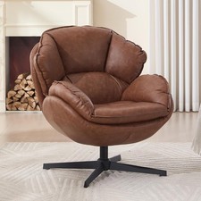Brown PU Leather Swivel Accent Chair 360° Tub Armchair Reading Seat