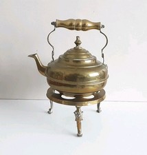 Antique Brass Kettle on Trivet Stand Vintage Kitchen Pot old Teapot 10" Fireside