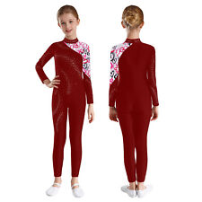 UK Kids Girls Full Body Unitard Sparkly Long Sleeve Ballet Leotard Gymnastics