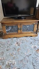 OLD CHARM - Carved Oak TV Cabinet Stand with Leaded Glass Doors - Wood Bros