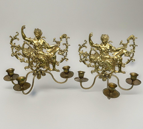 Pair antique brass three - brass,