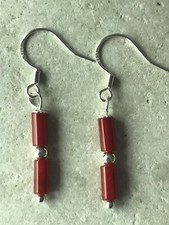 Genuine Red Coral Tubes Earrings - 925 Sterling Silver - Gift Bag - Free P&P