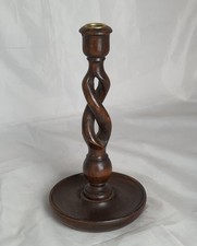 Antique 1930's English Oak Open Barley Twist Candlestick, Brass insert, 10" high