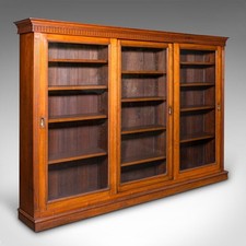 Large Antique Glazed Bookcase, English Walnut Library Display Cabinet, Victorian