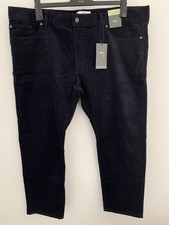 M&S Mens Navy Blue flat front Fine Cord slim fit Trousers W42in L29in BNWT 