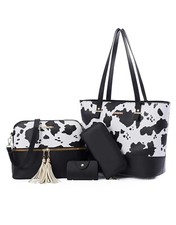 Cow Print PU Leather Shoulder Bag, Body Bag, Purse, Credit Card Holder 4pce Set
