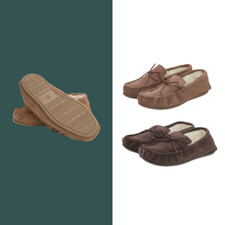 Genuine  Suede Moccasin Slippers with Warm Sheepskin Lining Hard  Sole. Loafers