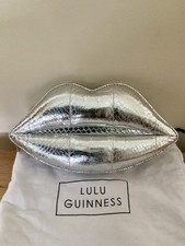 Lulu Guinness Silver Metallic Snakeskin Padded Lips Clutch Bag