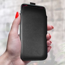 PU Leather Pull Tab Flip Case Cover Pouch For Various Phones - Black (S)