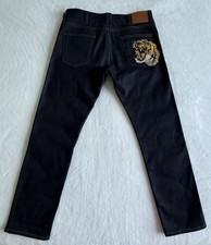 Gucci Jeans Men Tiger Embroidered Indigo Dark Blue Jeans Slim Leg Size 34