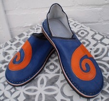 HAND CRAFTED * MOROCCAN LEATHER FUNKY BABOUCHE * BLUE & ORANGE