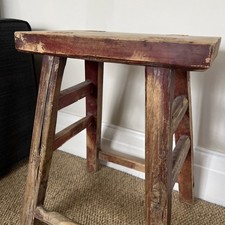 Antique Vintage Antique Elm Rustic Wooden Stool 