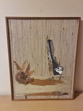 Textile Art Painting Wagtail Bird Fern Stone Rustic Wall Decor