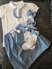 7/8yrs Gingham School Uniform Any Size,blue skirt Shirt Socks hairbows romany