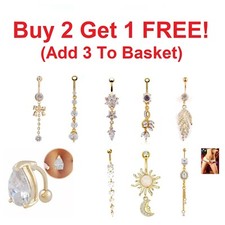 Belly Bars Gold Button Piercing Bar Dangle Navel Body Jewellery Gem Ring Gift