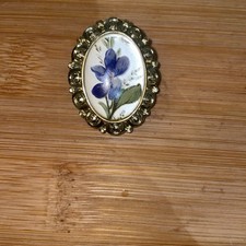 Vintage Brooch Scarf Clip Gold Tone Porcelain Floral Design Women