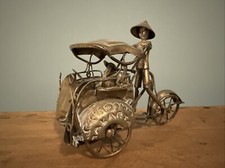Vintage White Metal Bicycle Rickshaw Model Vietnamese Malaysian Tourist Ornament