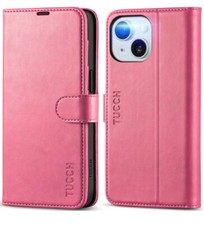 TUCCH DK Case for iPhone 15 PU Wallet Mobile Case,Card slot,Kickstand HOT Pink