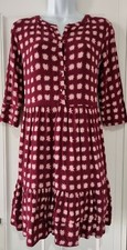 Womens Boden Burgundy Star Tiered Ruffle Loose Fit Pockets Smock Tunic Dress 8P