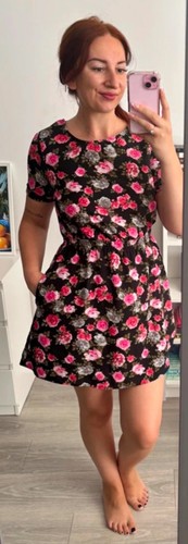 Black pink floral skater dress - black,